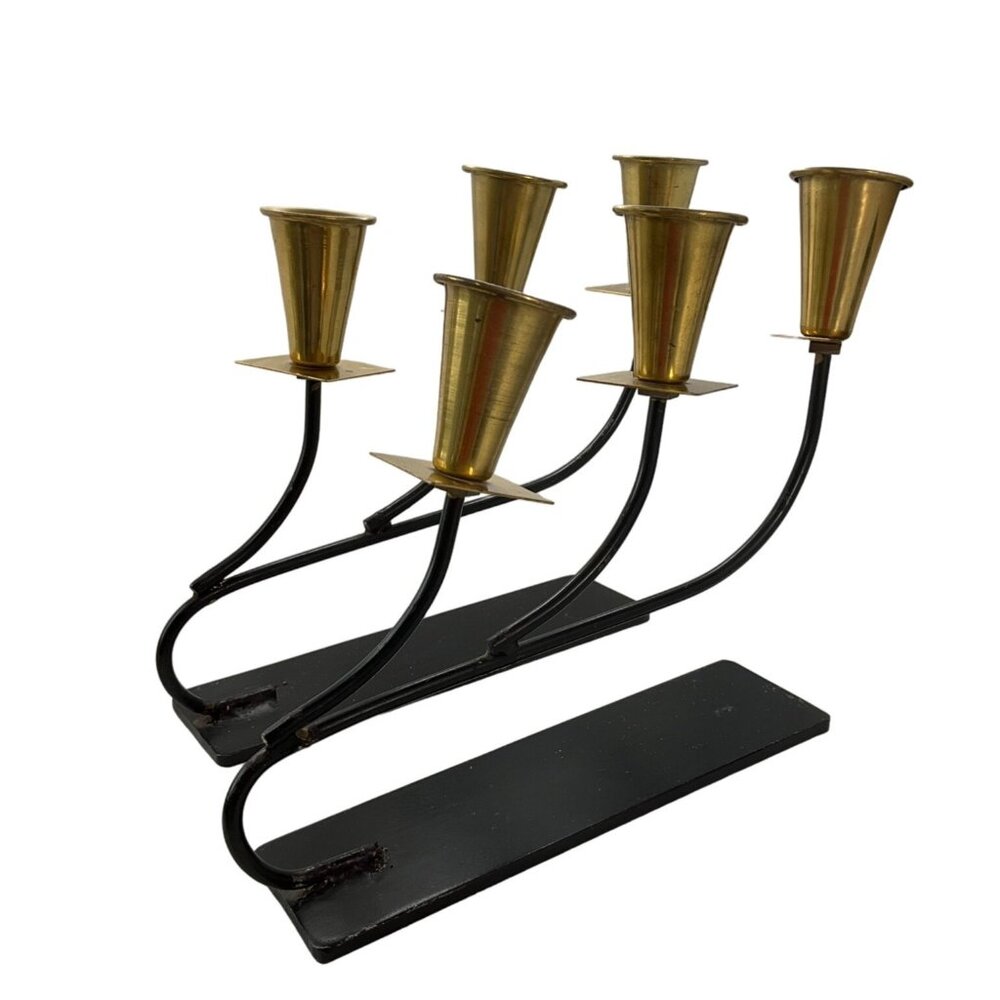 Vintage MCM Handmade Candle Holders Iron and Brass Black and Gold heavy Art deco